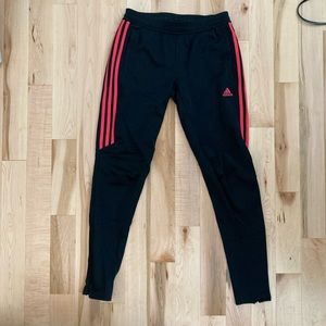 Adidas Track Pants, black with pink/orange stripes/logo, size woman’s small